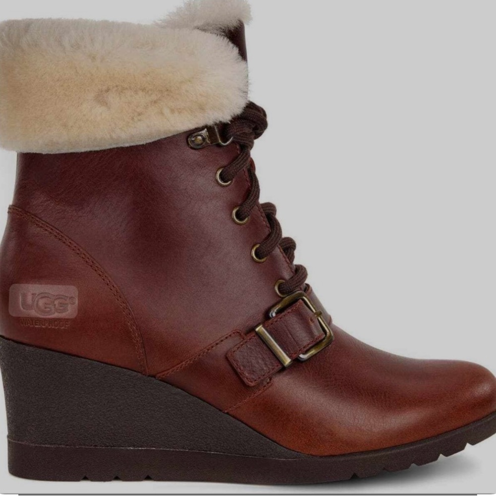 UGG Waterproof  Women's Wedge Boots with Cream Fur (Janney Boot)